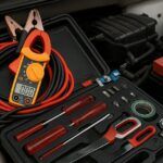 A car trunk filled with tools and electrical equipment for testing a car battery.
